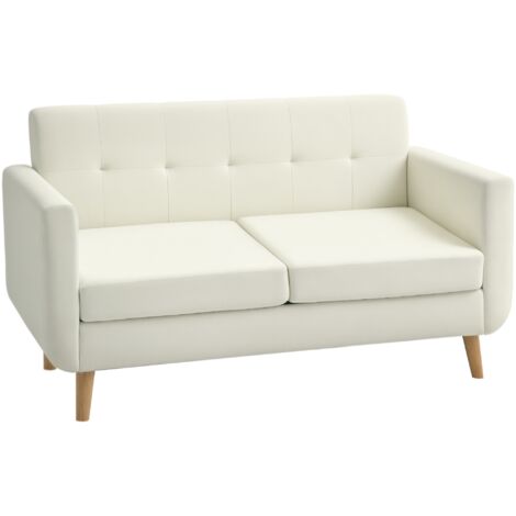 HOMCOM sofá de 2 plazas sofá tapizado en lino sintético sofá de salón con reposabrazos y patas de madera sofá pequeño carga 250 kg crema