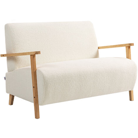 HOMCOM sofá de 2 plazas tapizado en borreguito sofá de salón de 118 cm con acolchado grueso reposabrazos y patas de madera crema