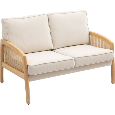 HOMCOM sofá de 2 plazas tapizado en chenilla sofá de salón con 2 almohadas lavables y reposabrazos de ratán sintético carga 240 kg 123x75x88 cm beige
