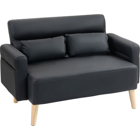 HOMCOM sofá de 2 plazas tapizado en cuero sintético de 117 cm con reposabrazos acolchado grueso respaldo acanalado y patas de madera negro