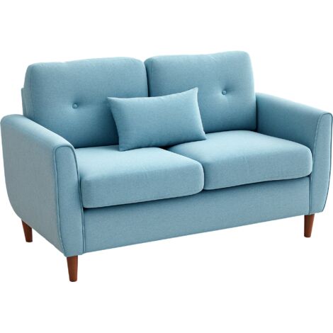 HOMCOM sofá de 2 plazas tapizado en lino sintético, sofá de salón moderno con reposabrazos, patas de madera, cojín decorativo,140x78x83 cm, azul claro