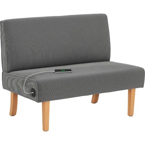HOMCOM sofá de 2 plazas tapizado en pana sofá de salón sin brazos con 2 puertos USB 1 puerto Tipo-C y patas de madera carga 220 kg 110x60x85 cm gris