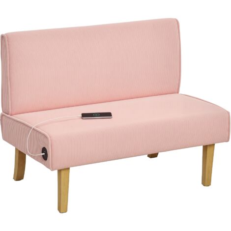 HOMCOM sofá de 2 plazas tapizado en pana sofá de salón sin brazos con 2 puertos USB 1 puerto Tipo-C y patas de madera carga 240 kg 110x60x85 cm rosa