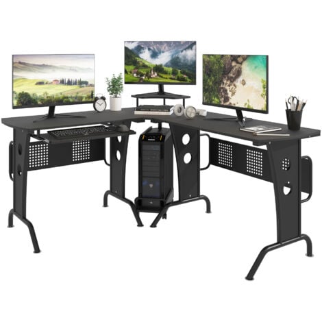 HOMCOM Space-Saving Corner Work Office Desk Gaming w/ Steel Frame CPU Rack Black