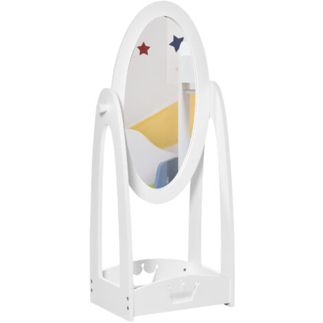 HOMCOM Specchio per Cameretta Girevole, per Bambini in Legno Bianco con Scaffale Contenitore 40x30x104cm