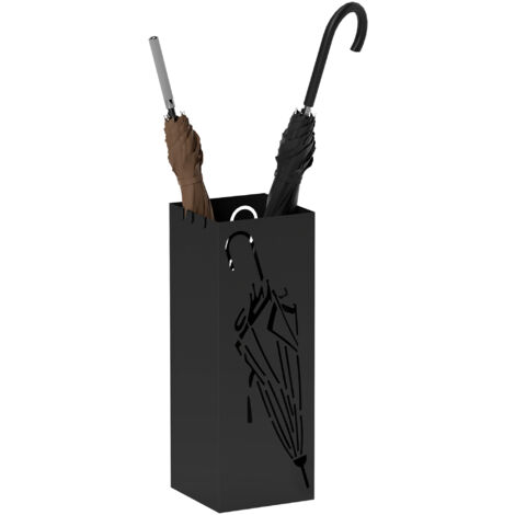 HOMCOM Square Umbrella Holder with Hooks and Water Tray for Entryway Black