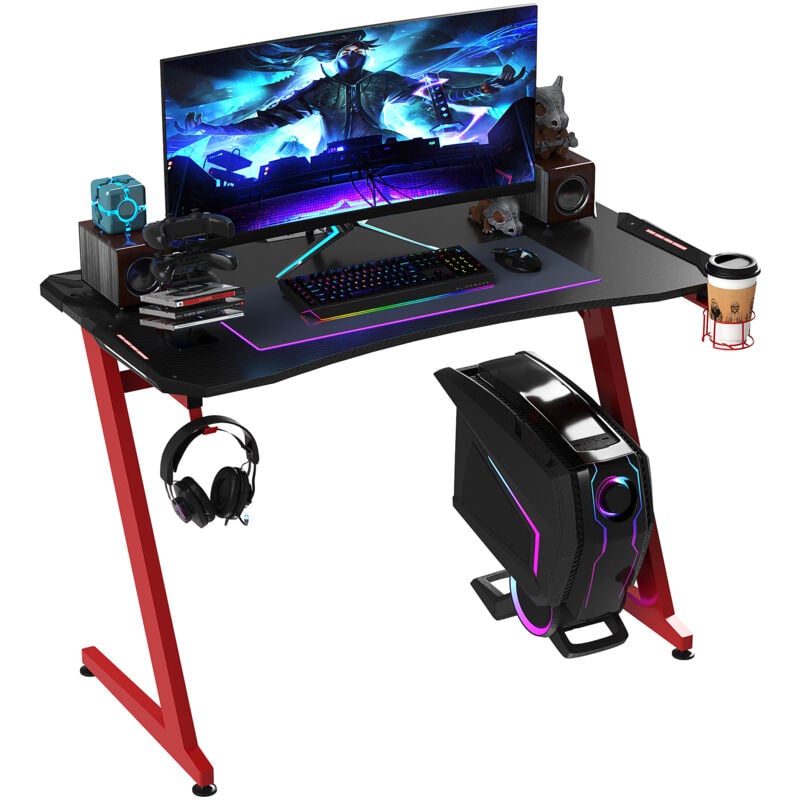Steel Frame Gaming Desk Table w/ Cup Gamepad Holder Hook Black & Red - Homcom