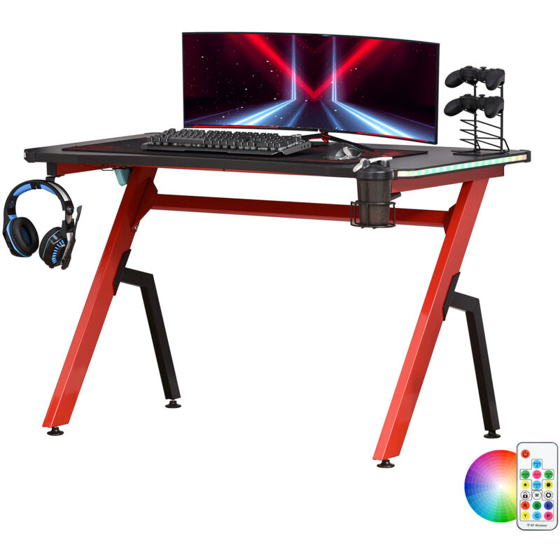 HOMCOM LED Light Racing-Style Gaming Desk Home Play Ergonomic Table Black & Red