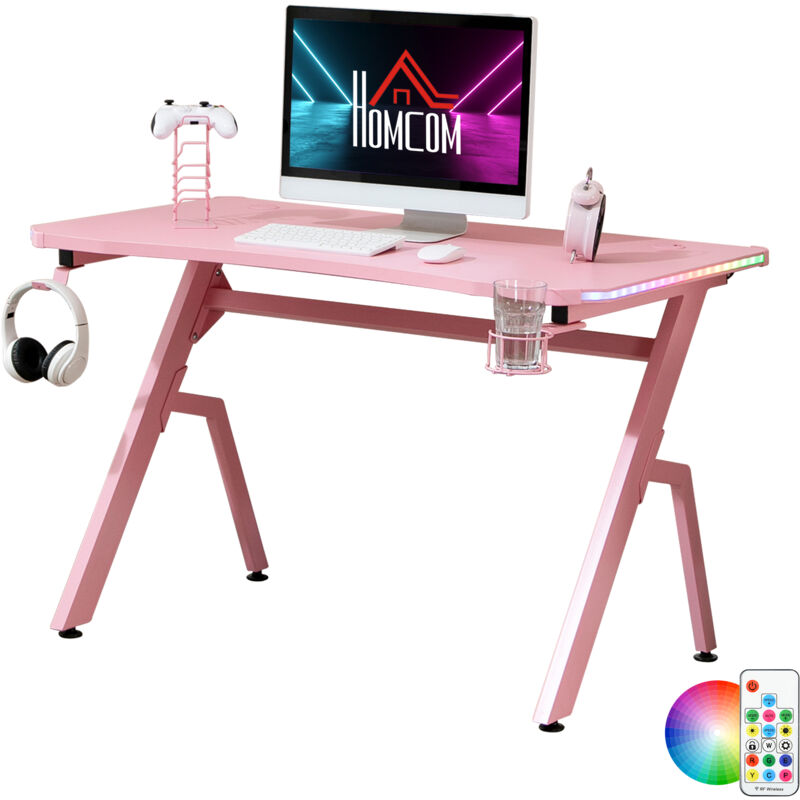 LED Light Racing-Style Gaming Desk Home Play Ergonomic Table Pink - Homcom