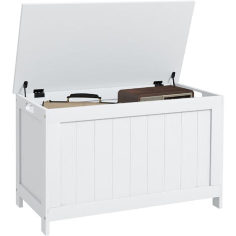HOMCOM Storage Chest, Modern Storage Trunk with 2 Safety Hinges and Cut-out Handles, Wooden Toy Box for Living Room, Entryway, 76 x 40 x 48 cm White