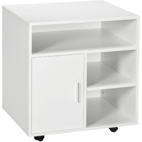 HOMCOM Support d'imprimante organiseur bureau caisson placard porte 3 niches + grand plateau panneaux particules blanc