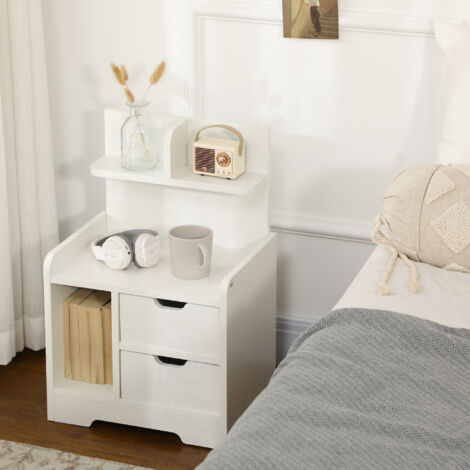 HOMCOM Table de Chevet Table de Nuit Multi-Rangement 2 tiroirs Niche étagère en bois Blanc