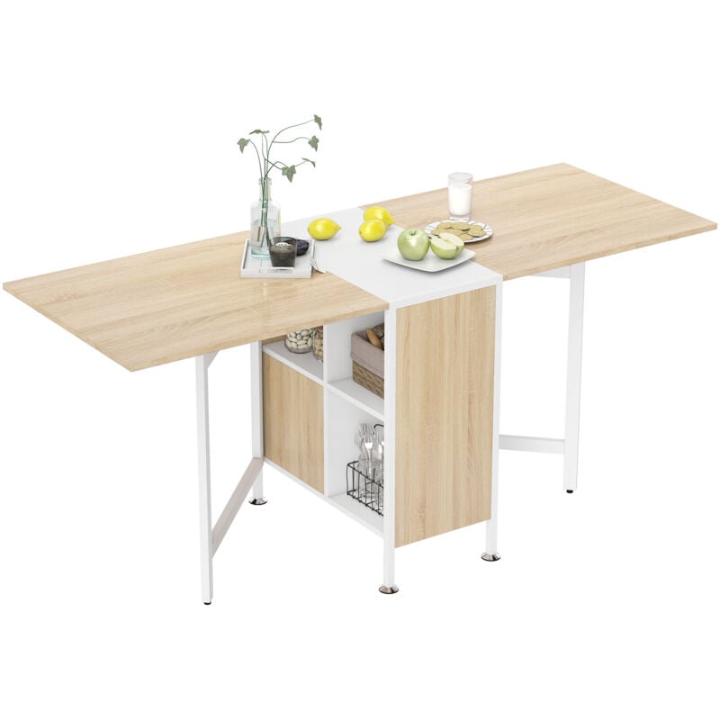 Table pliable de cuisine salle à manger 4 niches intégrées dim. dépliées 169L x 62l x 75H cm mdf chêne clair acier blanc