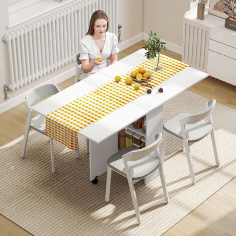 HOMCOM Table pliante de cuisine salle à manger amovible sur roulettes 75L x 140l x 74H cm 2 étagères intégrées en bois coloris blanc
