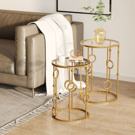 HOMCOM Tables gigognes Lot de 2 Tables Basses Rondes Design Style Art déco Ø 41 et Ø 36 cm métal doré Verre trempé 5 mm