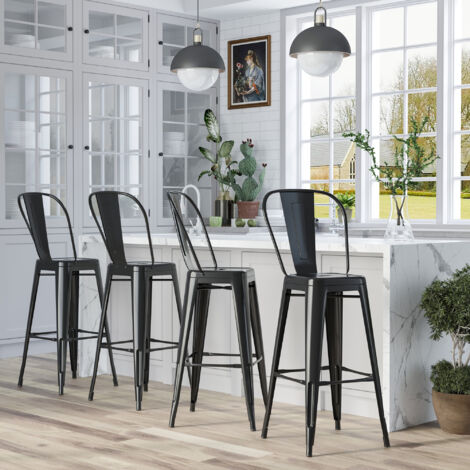 HOMCOM Tabourets de Bar Industriel Lot de 4 Empilables Dossier Repose-Pied Hauteur 76 cm Métal Noir