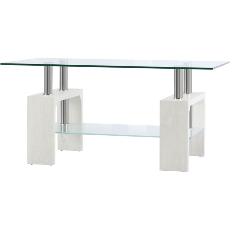 Tavolino da Salotto Moderno in Vetro e Legno Bianco 2 Livelli 90x50x42cm - Homcom