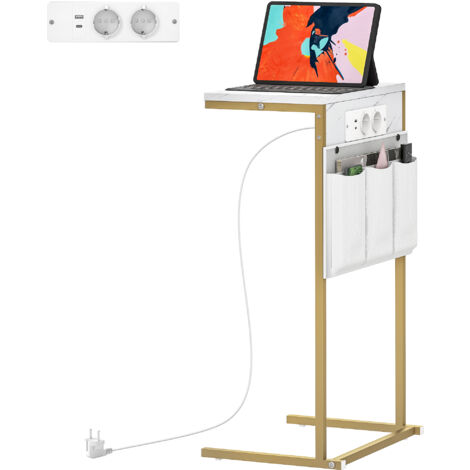 HOMCOM Tavolino da Divano a C Effetto Marmo con Prese di Corrente e USB Bianco