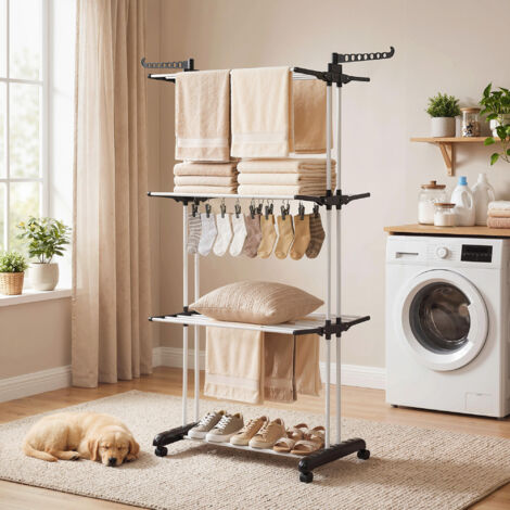HOMCOM Tendedero de Ropa Plegable con Ruedas 3 Niveles con Alas Plegables y Colgadores 73x64x172 cm Negro y Blanco