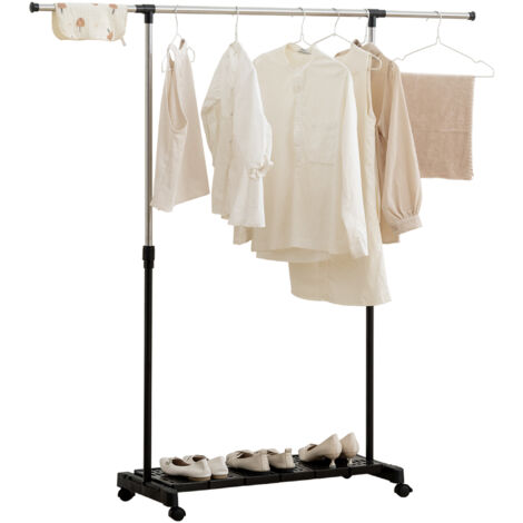 HOMCOM tendedero extensible con ruedas, tendedero de ropa con barra de acero inoxidable y estante para zapatos, negro y plata