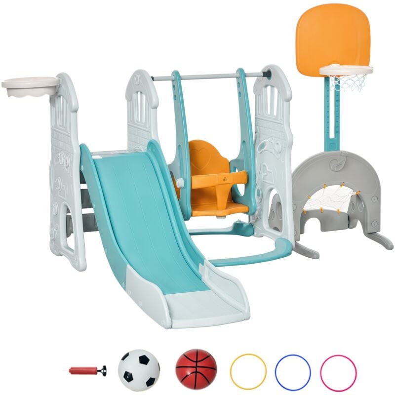

Homcom - Tobogán y Columpio para Niños +18 Meses con 2 Canastas de Baloncesto Portería Fútbol con Asiento Ajustable Interior Exterior 210x186x133 cm