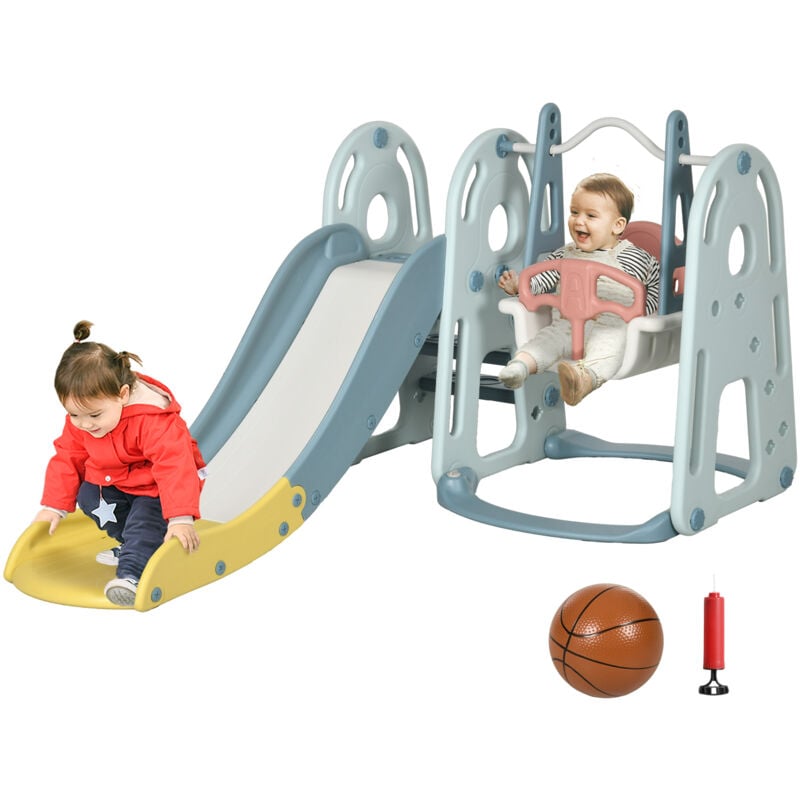 

Homcom - Tobogán Infantil con Columpio y Canasta Baloncesto 3 en 1 para Niños +18 Meses con Asiento Ajustable para Interior y Exterior 145x190x97 cm
