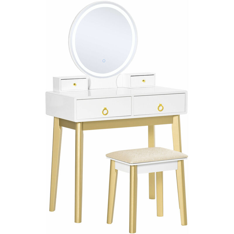 

Tocador con Espejo Juego de Mesa de Maquillaje y Taburete Acolchado con Luz LED Ajustable y 4 Cajones de Almacenaje para Dormitorio 80x40x133 cm