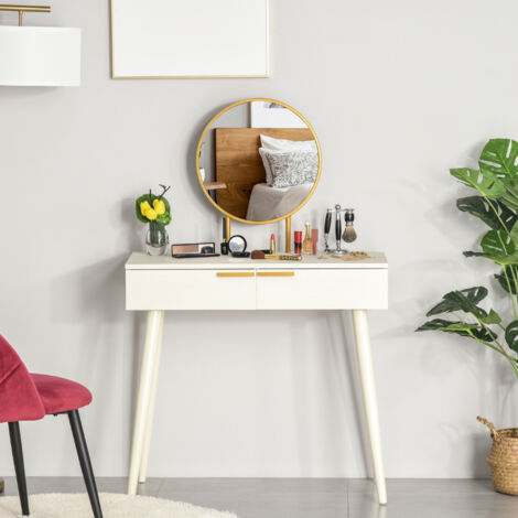 HOMCOM Tocador con Espejo Redondo Mesa de Maquillaje con 2 Cajones Estilo Moderno para Dormitorio Vestuario 80x40x123 cm Blanco
