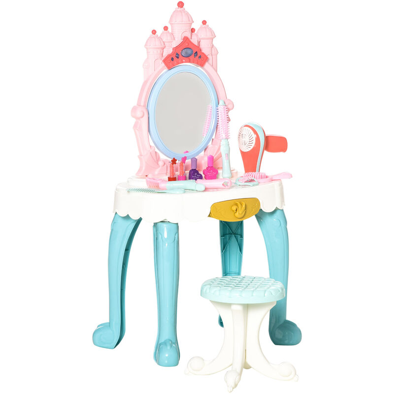 

Homcom - Tocador de Juguete con Taburete Espejo con Luz Música y Secador Incluye 20 Accesorios Tocador de Maquillaje para Niñas de +3 Años 41x27x82