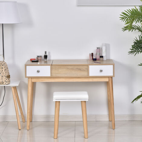 HOMCOM Tocador de Maquillaje con Espejo Abatible Mesa de Maquillaje con Taburete Acolchado Cojín Suave Compartimentos y Cajones Patas de Madera Maciza 100x45x118 cm Color Natural