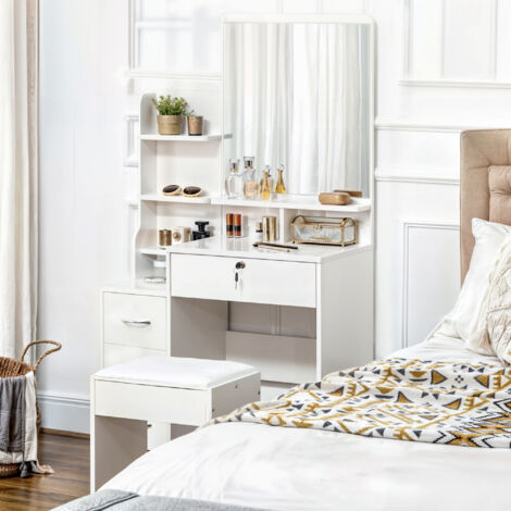 HOMCOM Tocador de Maquillaje con Taburete y Espejo de Estilo Moderno con 4 Cajones 4 Compartimientos 80x38x143 cm Blanco
