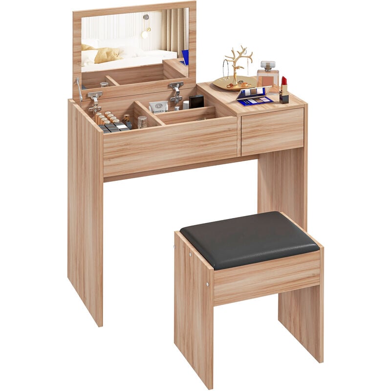 

Tocador Mesa para Maquillaje con Taburete Espejo Tapa Abatible 3 Cajas 1 Cajón - Madera