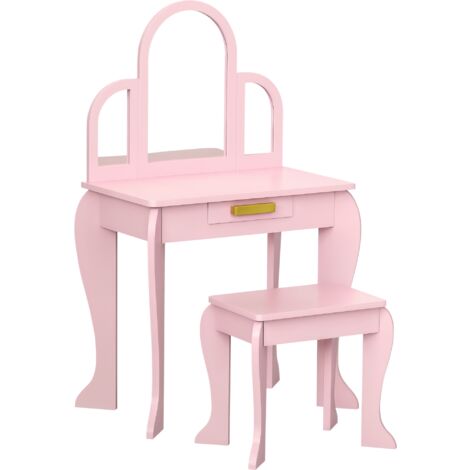 HOMCOM tocador para niña con espejo y taburete tocador de maquillaje para niña de 3 a 6 años tocador infantil de madera con cajón rosa