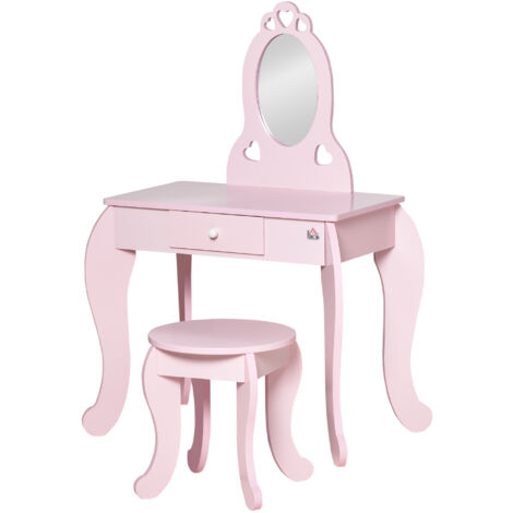 HOMCOM Toeletta per Bambini e Sgabello in Legno Rosa con Specchio e Cassetto