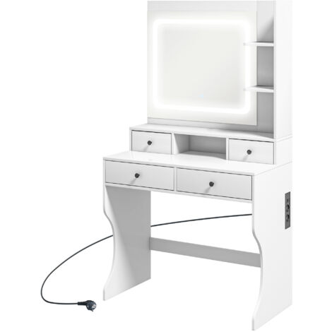 HOMCOM Toeletta Trucco con Luci LED, Specchio, Prese USB e 4 Cassetti Bianco