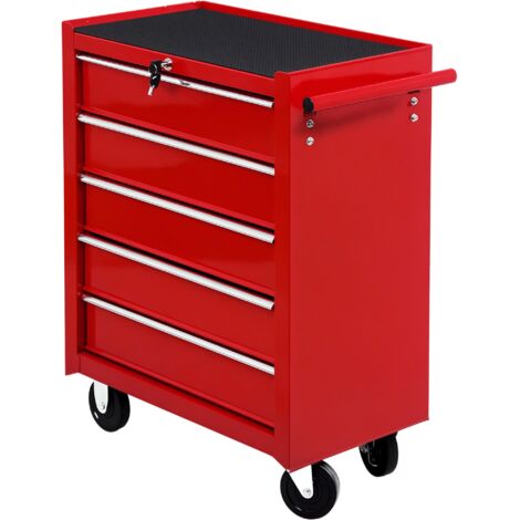 HOMCOM Tool Trolley with 5 Drawers Steel Tool Chest on Wheels with Handle Red