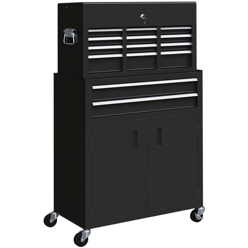 Homcom Top Chest And Roller Cabinet Combo Metal Tool Cabinet On Wheels Black, Black