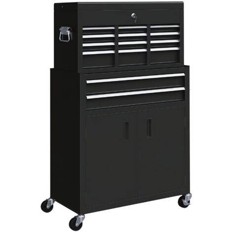 HOMCOM Top Chest and Roller Cabinet Combo Metal Tool Cabinet on Wheels Black