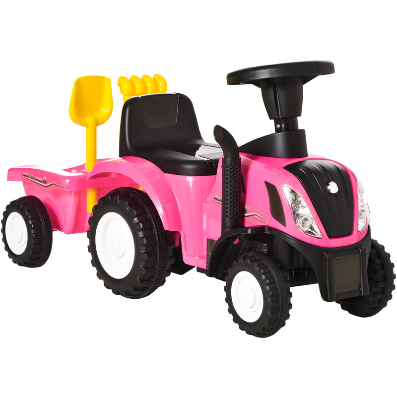 

Homcom - Tractor con Remolque para Niños de 12-36 Meses Coche Correpasillos con Bocina Faros Caja Extraíble Pala y Rastrillo Carga 25 kg 91x29x44 cm