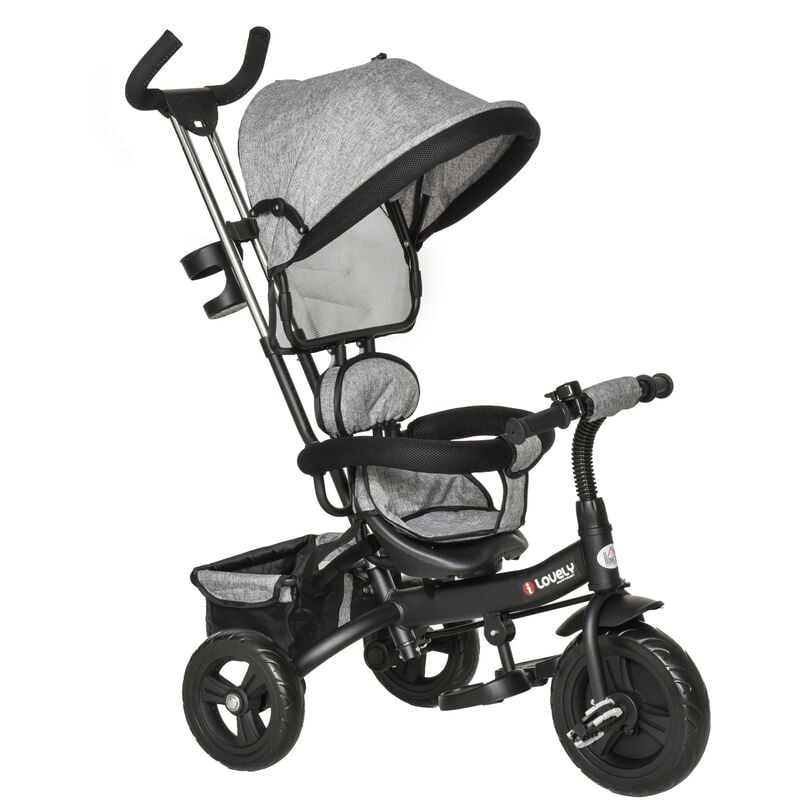 

Triciclo para Bebé 4 en 1 con Capota Manija Ajustable +18 Meses Reposapiés Gris - Gris