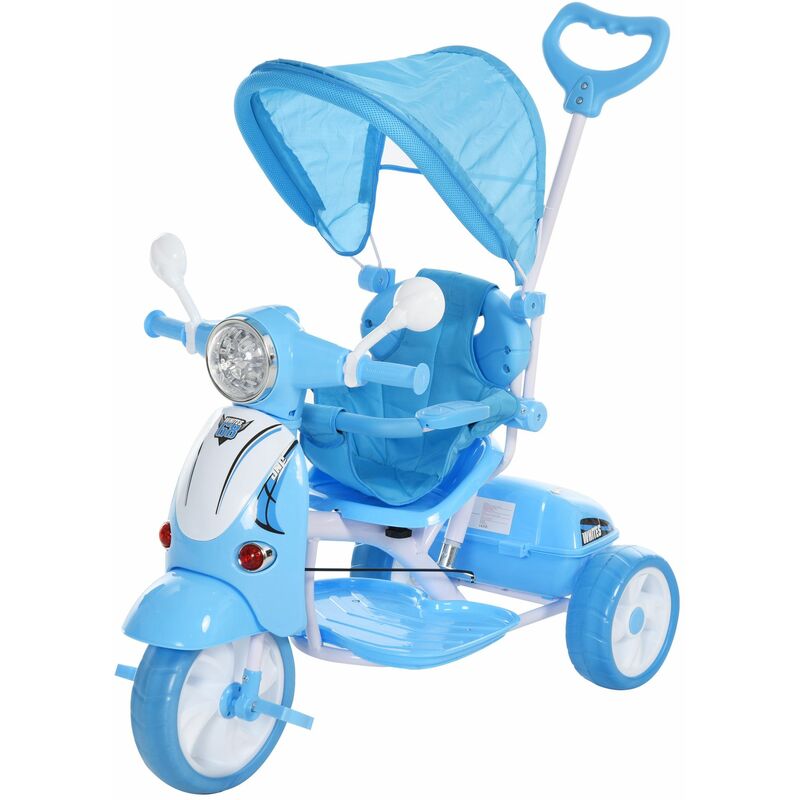 

Triciclo para Niños de +18 Meses Triciclo Evolutivo Infantil con Capota Extraíble Asiento Giratorio Barra y Función de Luz Música 102x48x96 cm - Azul