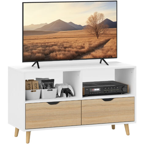 HOMCOM TV Schrank Lowboard mit 2 Ablage, Schublade, 99 cm lang Fernsehtisch für Fernseher, TV Board für Wohnzimmer, Weiß, 99 x 39 x 58,3 cm
