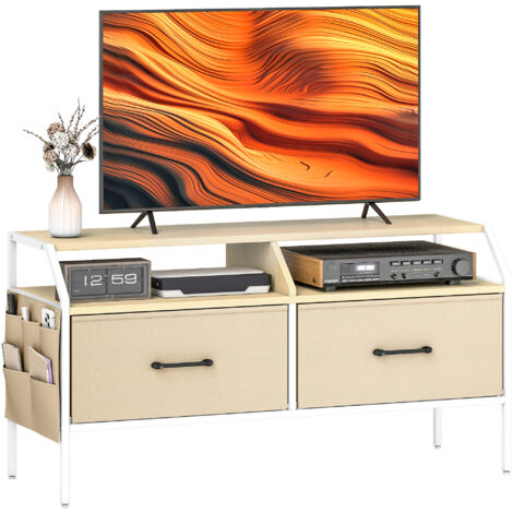 HOMCOM TV Stand Cabinet with 2 Foldable Drawers, Natural Wood Finish