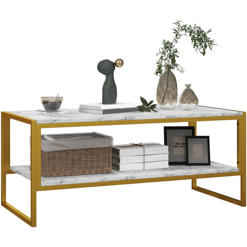 Two-Tier Coffee Table With Marble Effect Shelf And Metal Frame White - Homcom