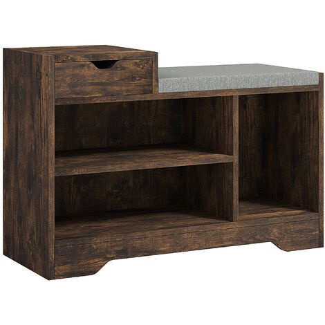 HOMCOM Upholstered Entryway Shoe Bench with Storage Drawer Open Shelf Brown