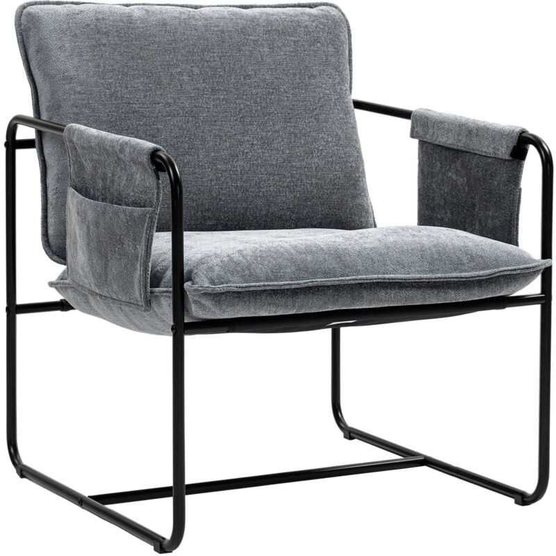 Homcom - Upholstered Reading Chair with Side Pockets and Steel Frame, Grey