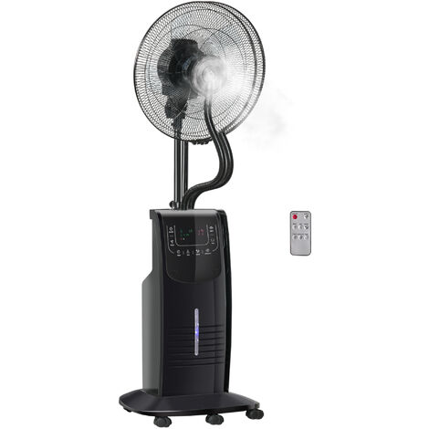HOMCOM ventilador de pie oscilante con nebulizador 90W con control remoto 5 aspas tanque de agua 3,1 L 3 velocidades temporizador 44,5x44,5x135 cm