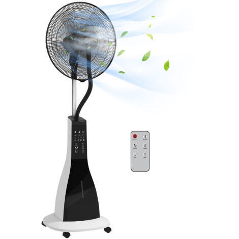 HOMCOM ventilador nebulizador oscilante 90 W temporizador tanque 3L mando a distancia 3 velocidades 5 aspas y pantalla LED blanco y negro