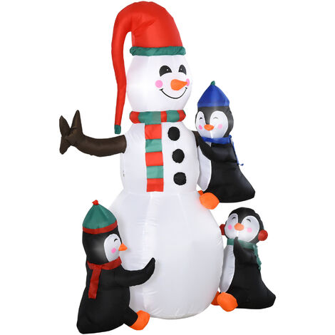 HOMCOM Weihnachten aufblasbarer Schneemann mit 3 Pinguinen LEDs Polyester  140 x 70 x 180 cm