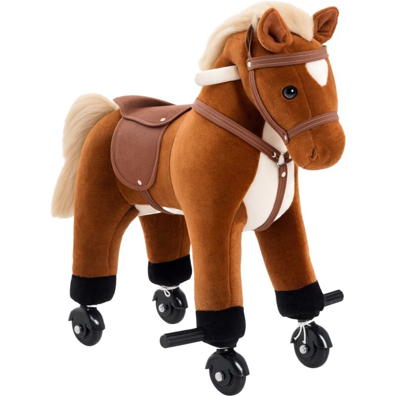 Homcom - Kids Walking Horse Wooden Action Pony Wheeled Rocking Horse Plush Toy Brown